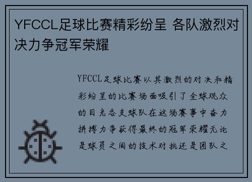 YFCCL足球比赛精彩纷呈 各队激烈对决力争冠军荣耀