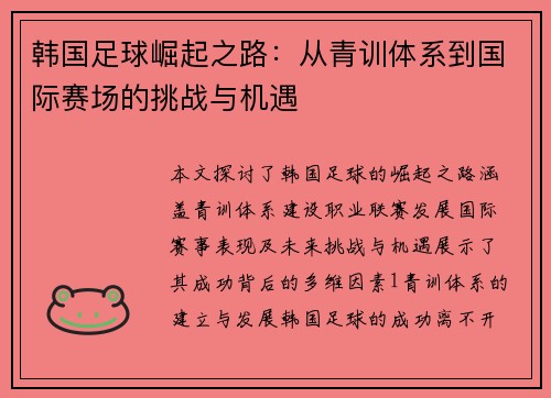 韩国足球崛起之路：从青训体系到国际赛场的挑战与机遇