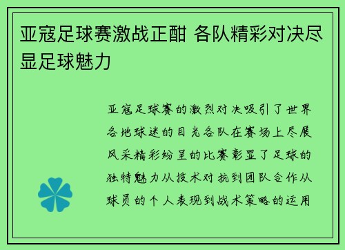 亚寇足球赛激战正酣 各队精彩对决尽显足球魅力