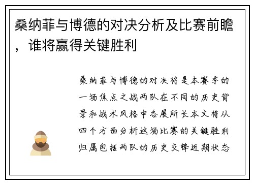 桑纳菲与博德的对决分析及比赛前瞻，谁将赢得关键胜利