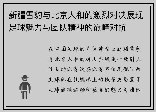 新疆雪豹与北京人和的激烈对决展现足球魅力与团队精神的巅峰对抗