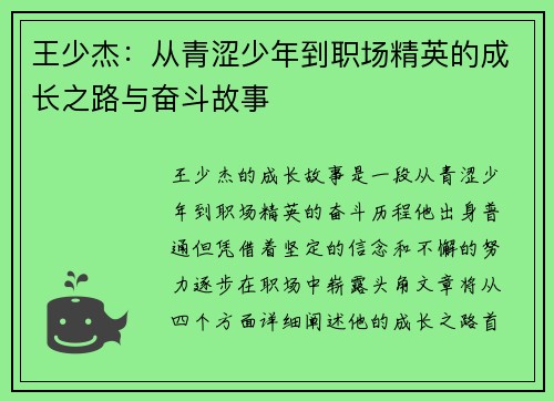 王少杰：从青涩少年到职场精英的成长之路与奋斗故事