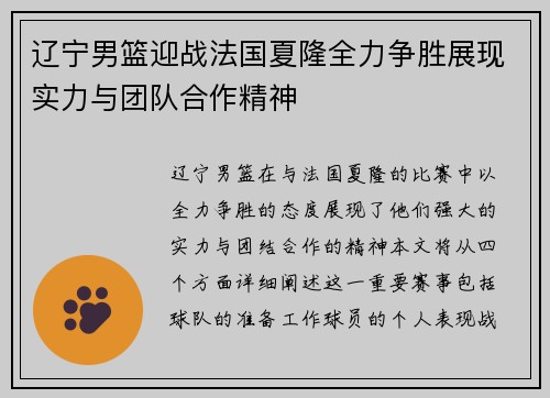 辽宁男篮迎战法国夏隆全力争胜展现实力与团队合作精神