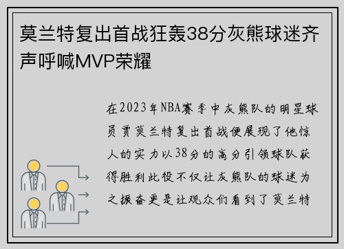 莫兰特复出首战狂轰38分灰熊球迷齐声呼喊MVP荣耀