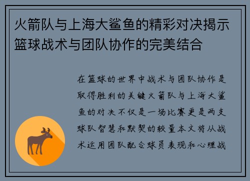 火箭队与上海大鲨鱼的精彩对决揭示篮球战术与团队协作的完美结合