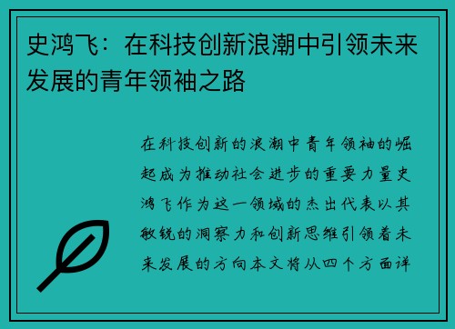 史鸿飞：在科技创新浪潮中引领未来发展的青年领袖之路