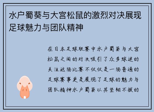 水户蜀葵与大宫松鼠的激烈对决展现足球魅力与团队精神