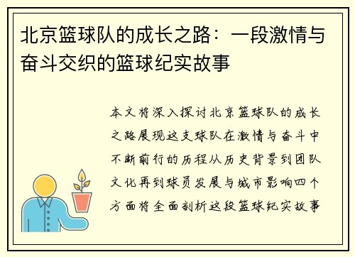 北京篮球队的成长之路：一段激情与奋斗交织的篮球纪实故事