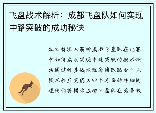 飞盘战术解析：成都飞盘队如何实现中路突破的成功秘诀